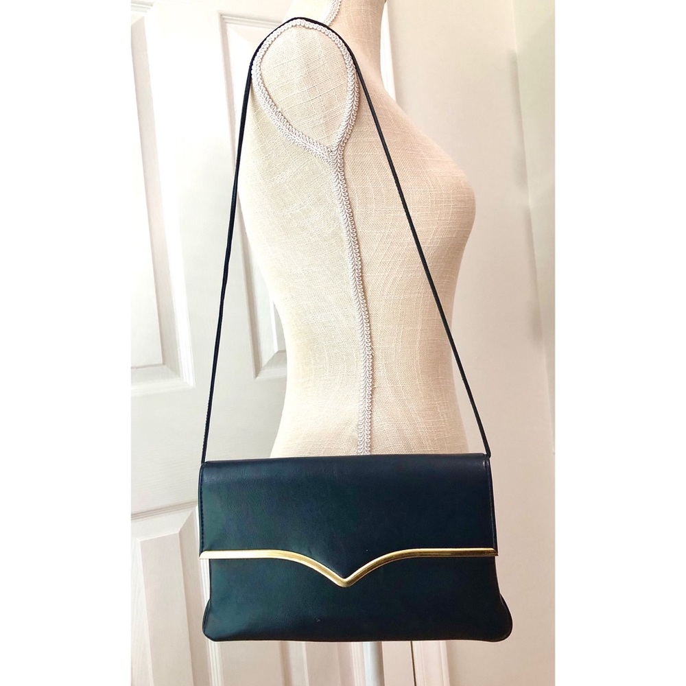 **SOLD** Vintage faux leather navy purse with gold trim